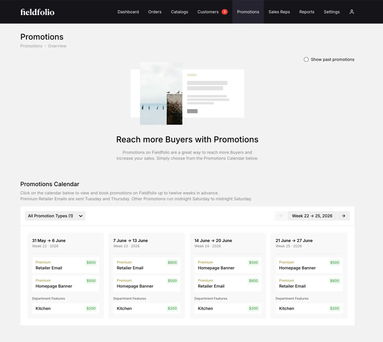 The promotions booking calendar in the Fieldfolio seller back office