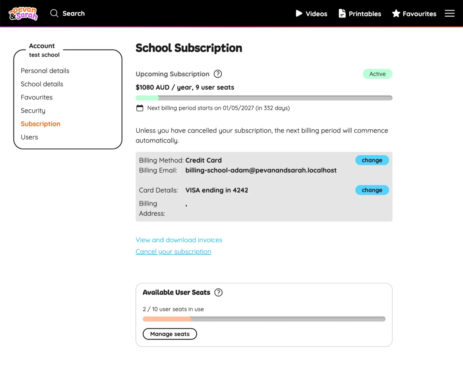 A school billing page backed by Stripe subscriptions